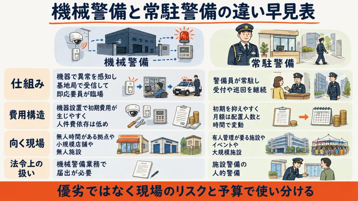 機械警備と常駐警備を仕組み・費用構造・向いている現場・法令上の扱いの4軸で比較した早見表のイメージ図