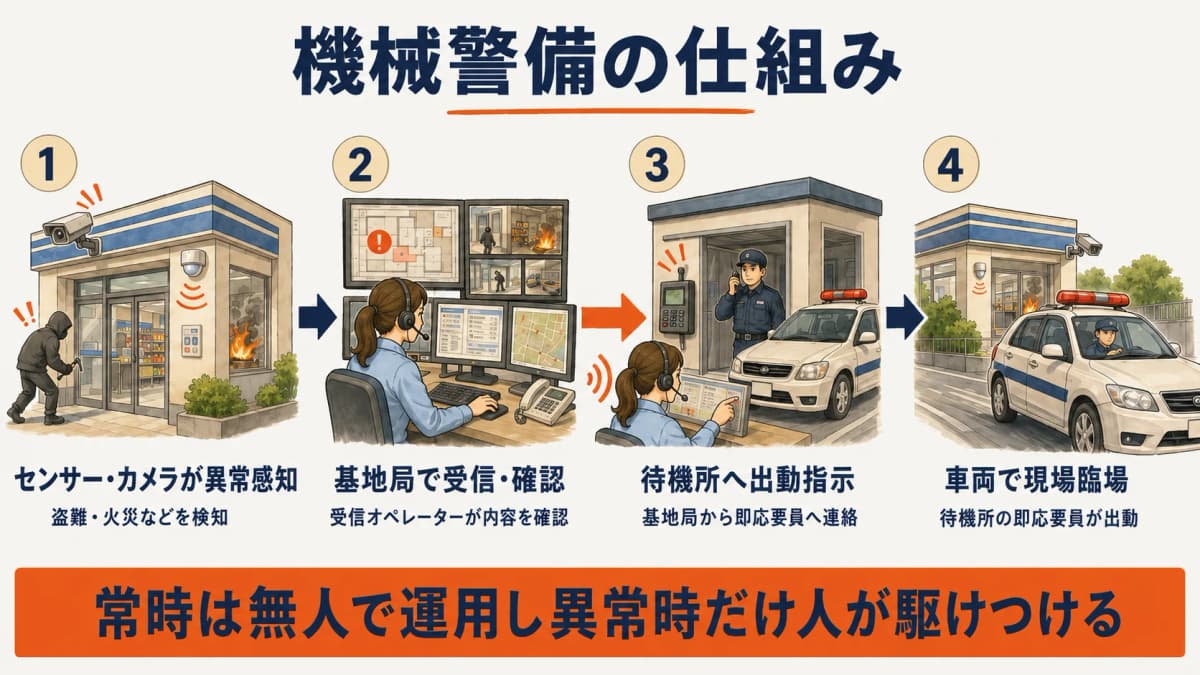 機械警備のセンサーから基地局への情報受信、待機所からの即応要員派遣までの流れを示した仕組み図