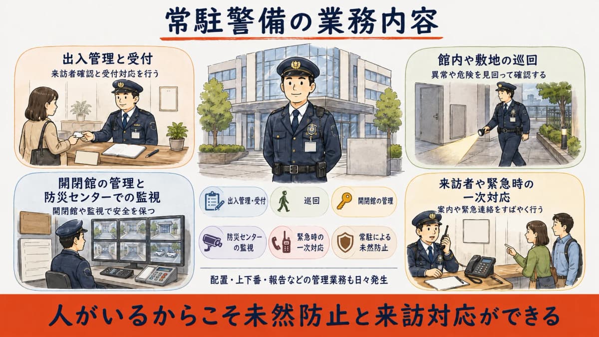常駐警備で警備員が施設に常駐し受付・出入管理・巡回・上下番報告を行う業務内容を示した図