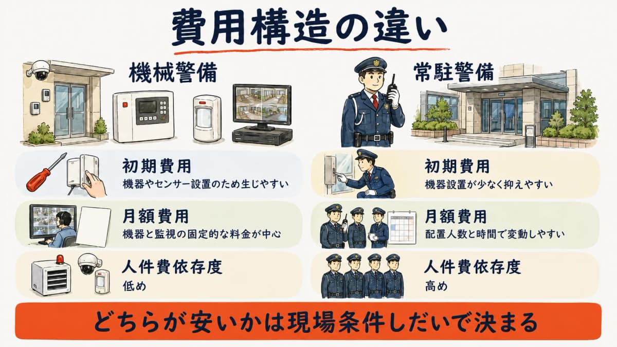 機械警備と常駐警備の初期費用・月額費用・人件費依存度など費用構造の違いを示した図