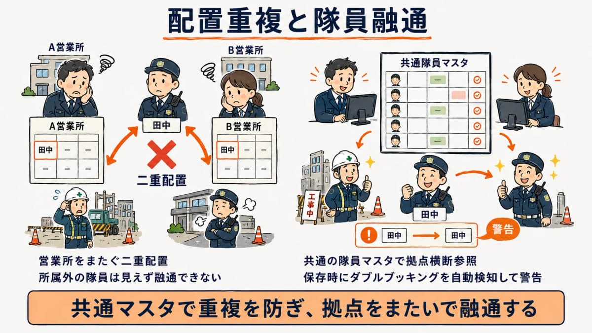 営業所をまたいで同じ隊員が二重配置される配置重複と、共通マスタによる隊員融通のイメージ図