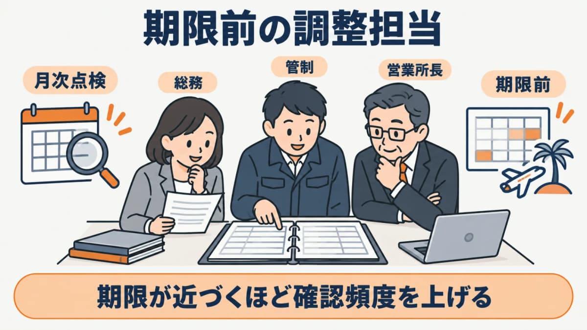 期限前の確認日と担当を決める図