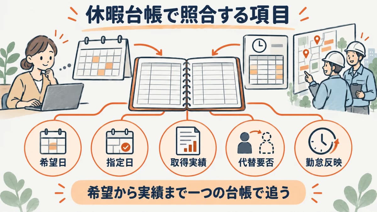 希望日と取得実績を台帳で照合する図