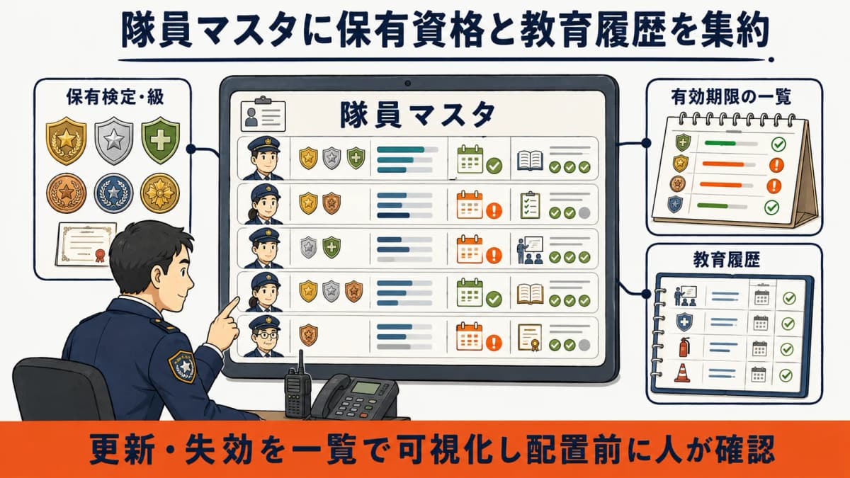 隊員マスタに保有検定と教育履歴を集約する画面イメージ
