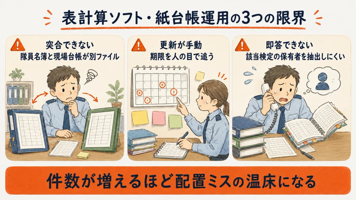 Excel・紙台帳運用で起きる突合・更新・検索の3つの限界の図