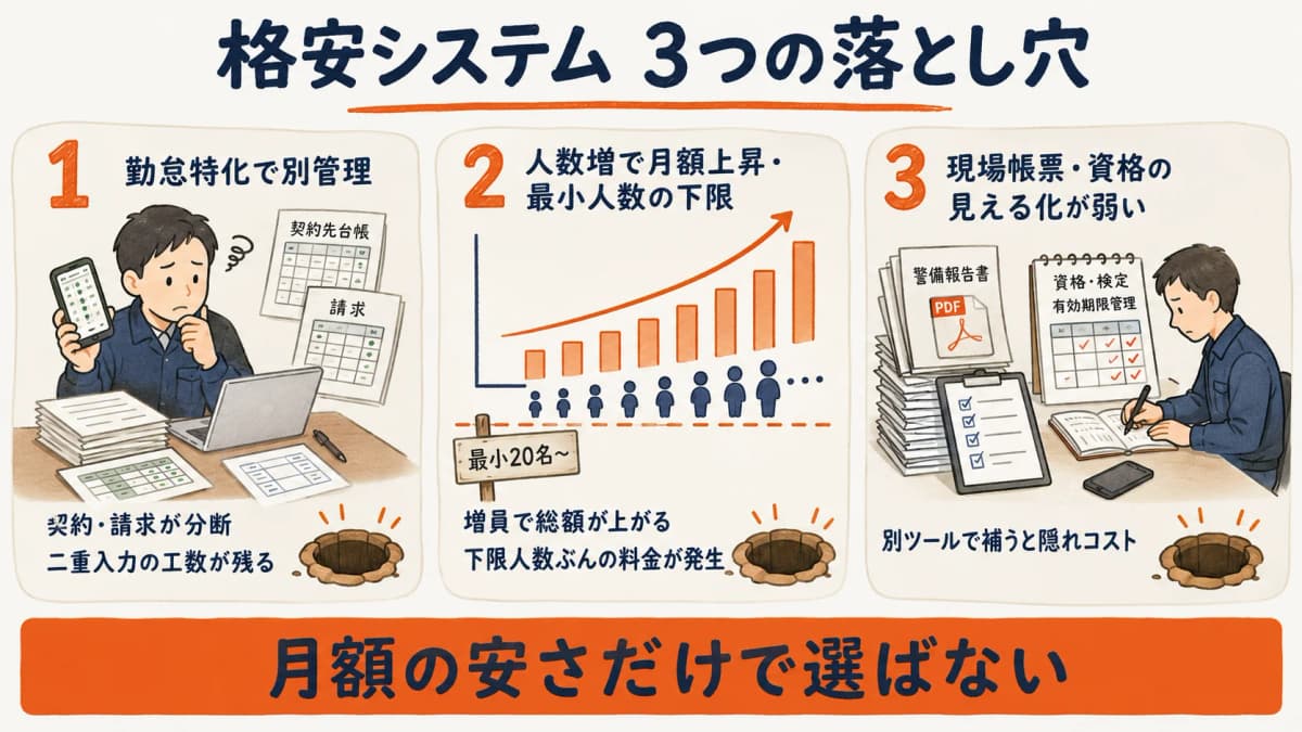 勤怠特化での別管理・人数増課金と最小人数下限・現場帳票と資格の見える化不足という格安システムの3つの落とし穴を並べた図