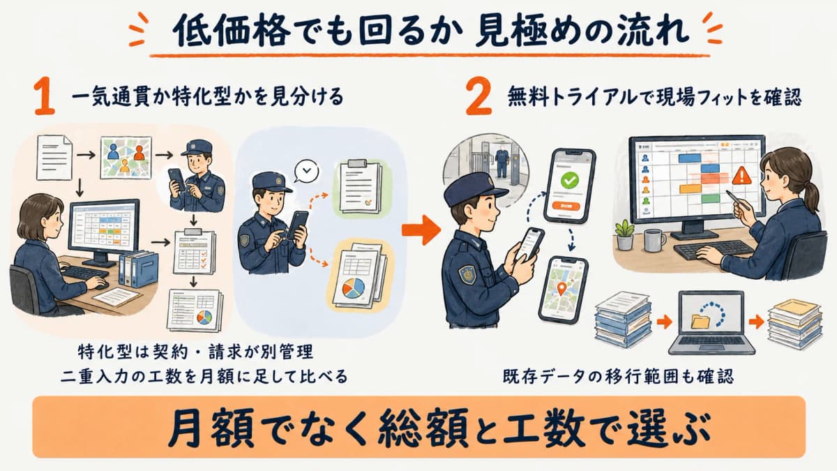 一気通貫かどうかで二重入力コストを比較し、無料トライアルで現場フィットを確認する見極めの流れを示した図