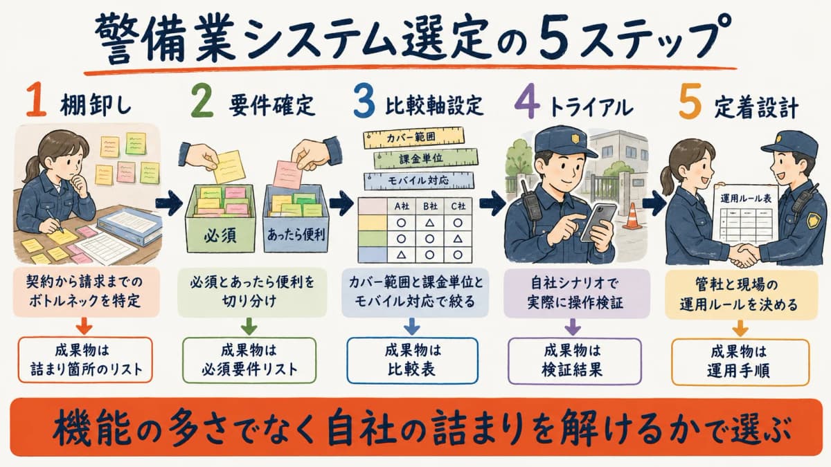 警備業システム選定の5ステップ意思決定フロー
