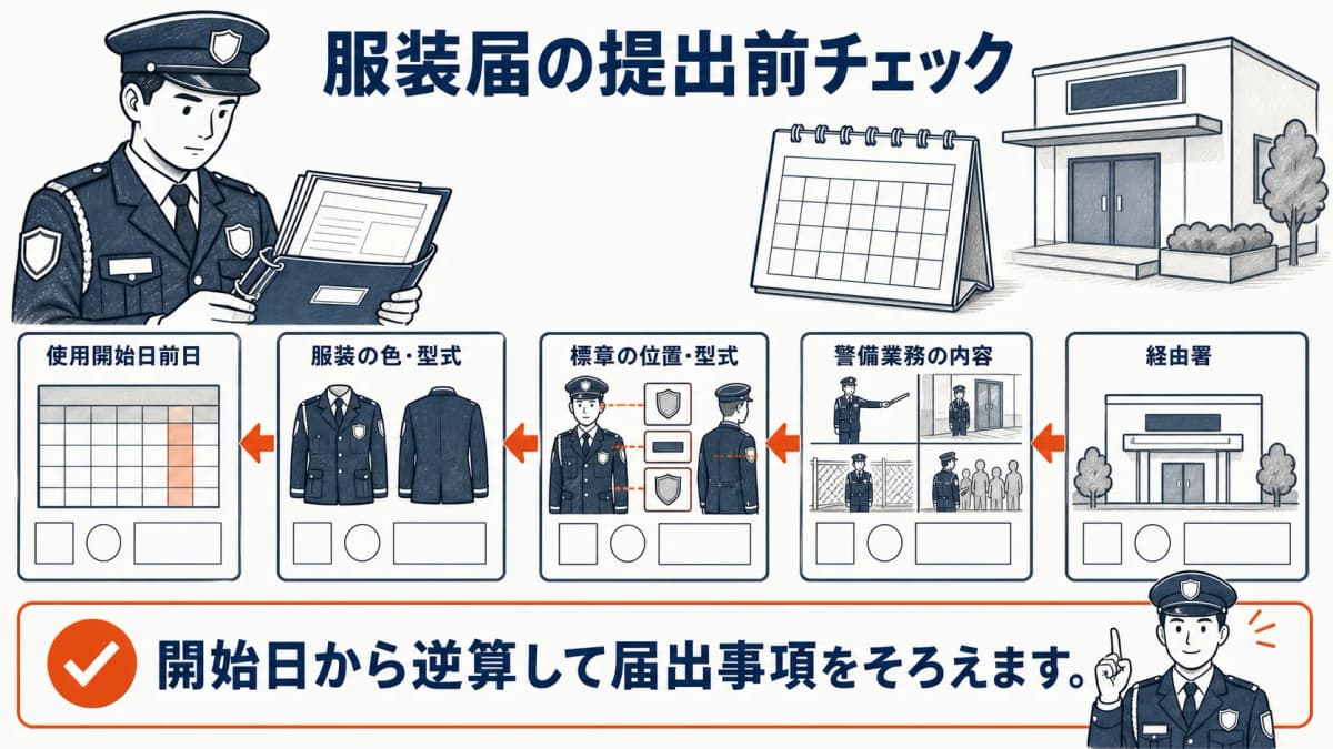 服装届の使用開始日・標章・業務内容を確認する流れ