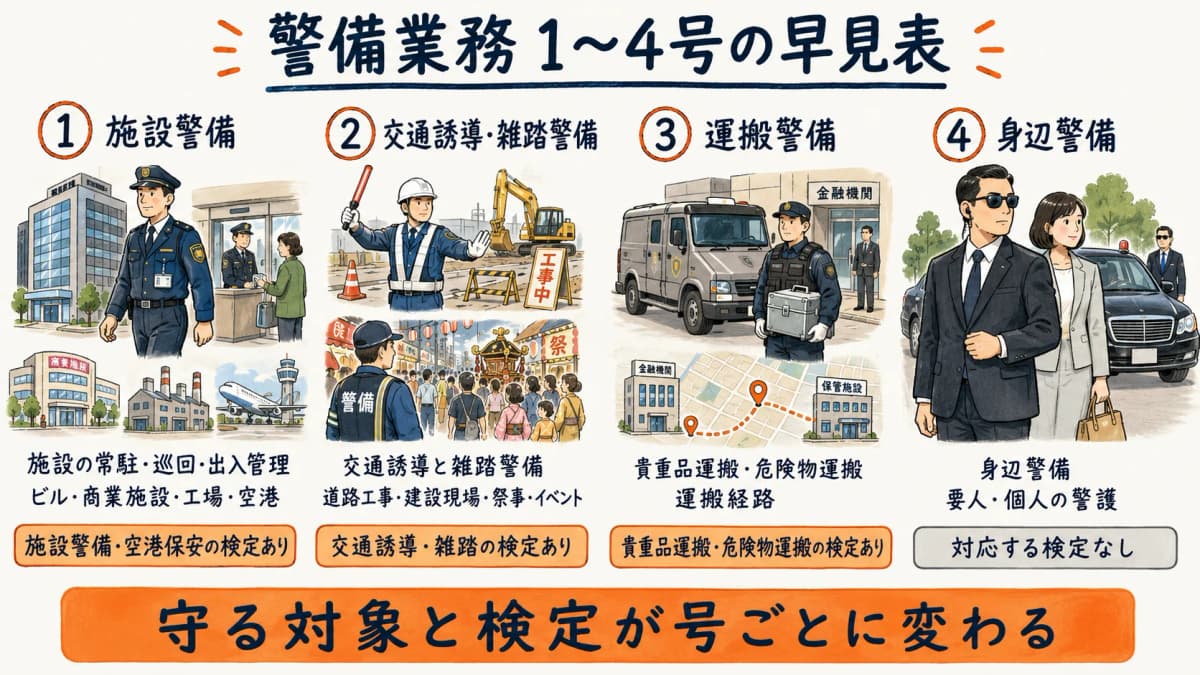 警備業務1〜4号の区分・主な業務内容・代表現場・関連する国家検定を一覧化した早見表
