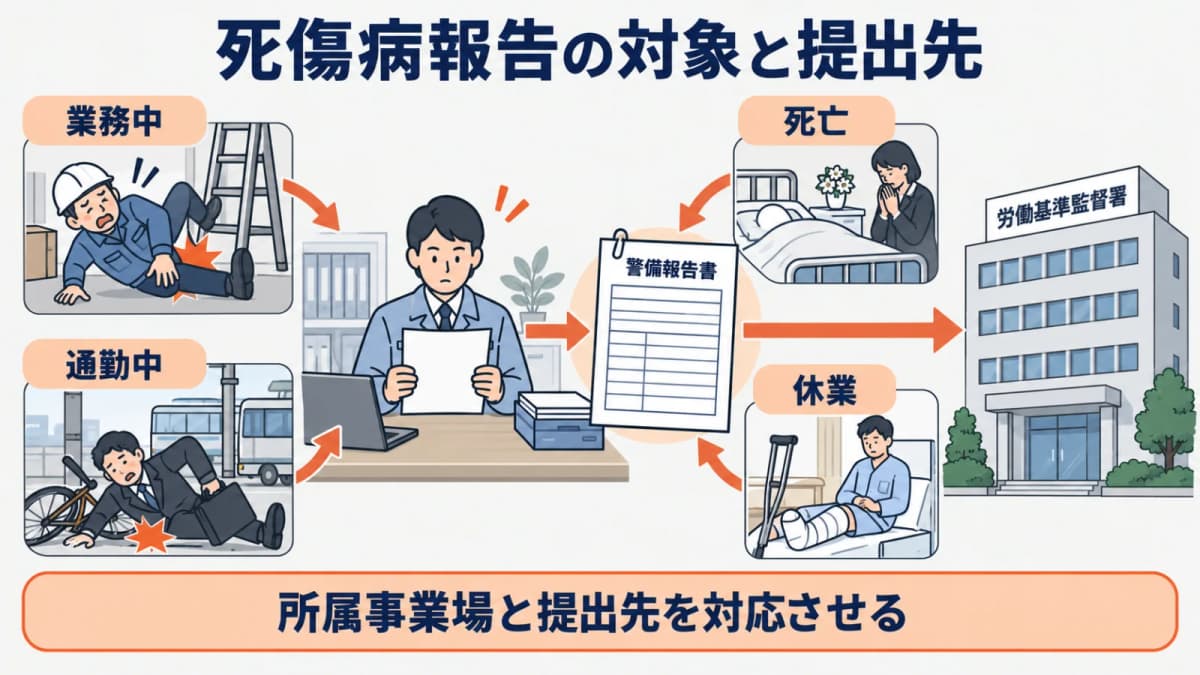 労働者死傷病報告の対象と提出先を確認する図