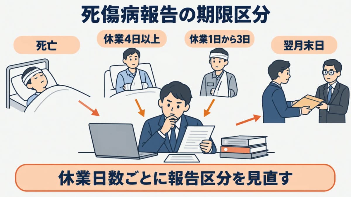 死亡・休業日数別に期限と提出単位を分ける図