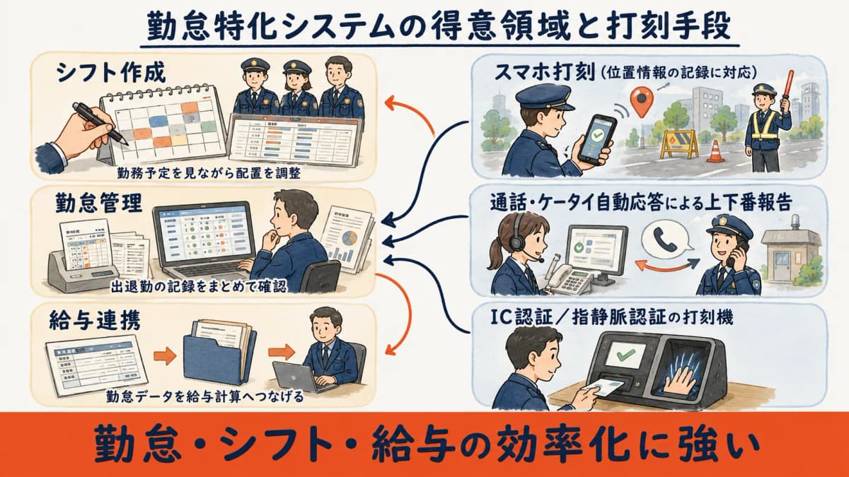 ShiftMAXの得意領域(シフト・勤怠・給与連携)と打刻手段(スマホ・通話・IC/指静脈)を整理した機能マップ図