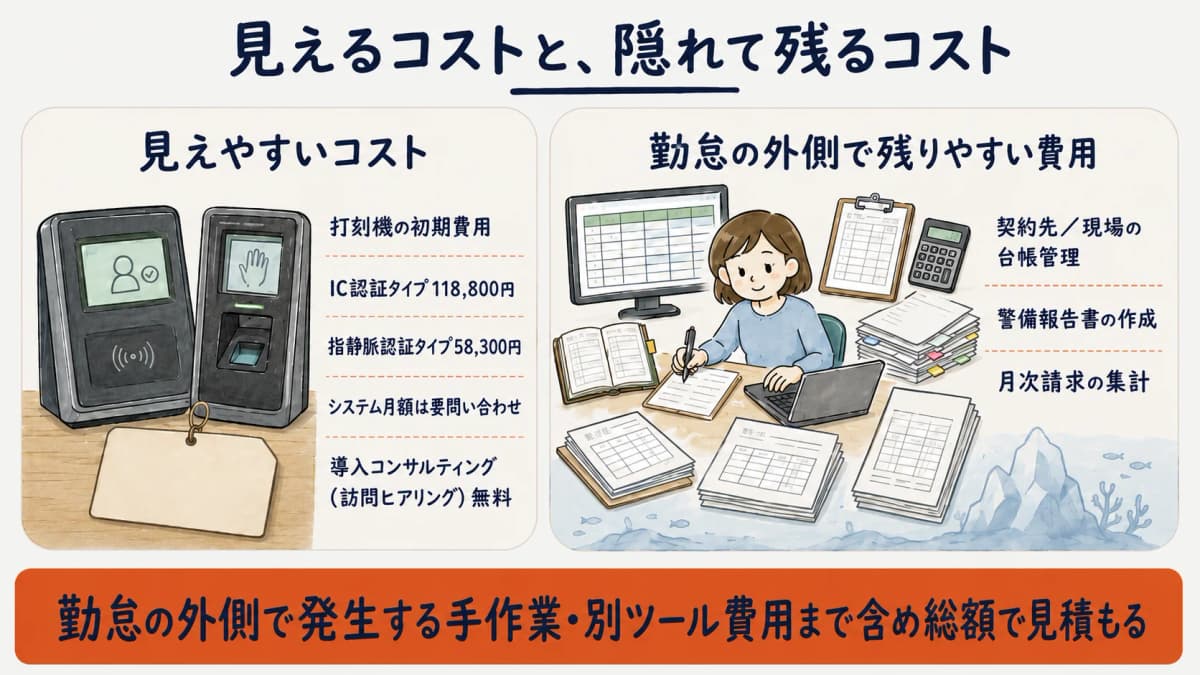 勤怠特化システムで見えやすいコスト(打刻機・月額)と、勤怠の外側で残りやすい別ツール費用を対比した図