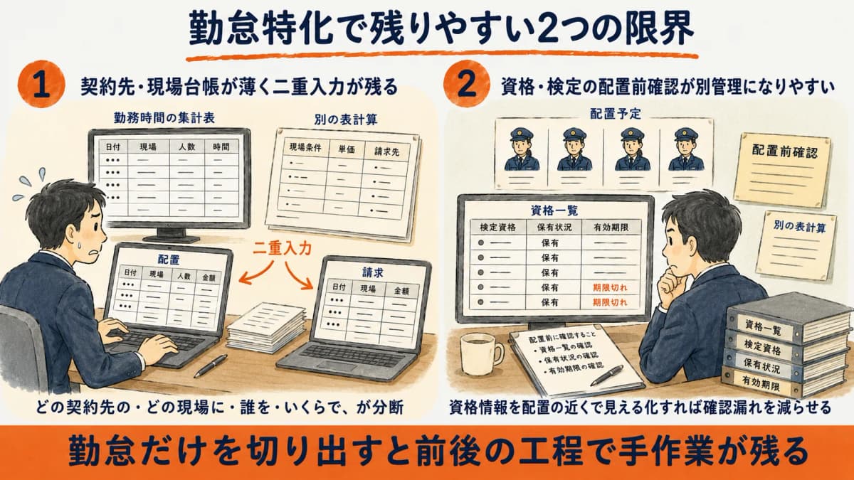 勤怠特化システムで残りやすい2つの限界(契約先台帳が薄く二重入力が残る・資格の配置前確認が別管理になる)を示した図