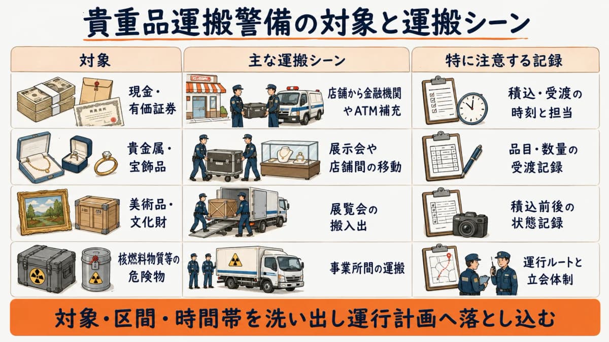 現金・貴金属・美術品・有価証券など貴重品運搬警備の対象と運搬シーンを整理した早見表のイラスト